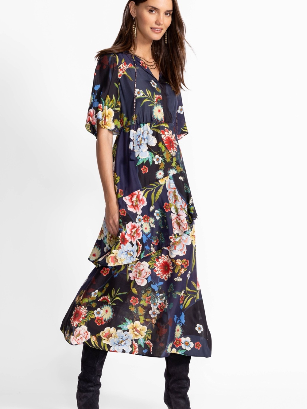 Johnny Was Navy Floral Tiered Maxi Dress with Multicolor Blooms